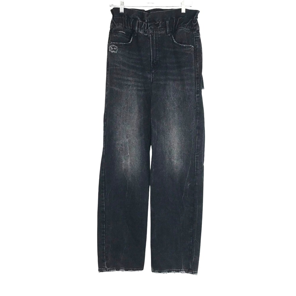 GOOD AMERICAN - WOMEN'S 4/27 - BLACK ELASTIC BUTTON WAIST DISTRESSED DENIM JEANS